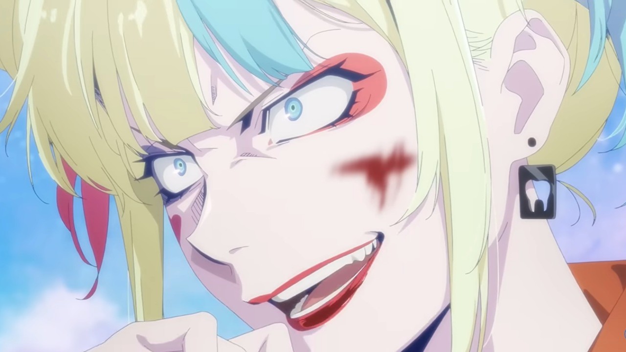 Harley Quinn with a deranged look on her face in Suicide Squad Isekai anime