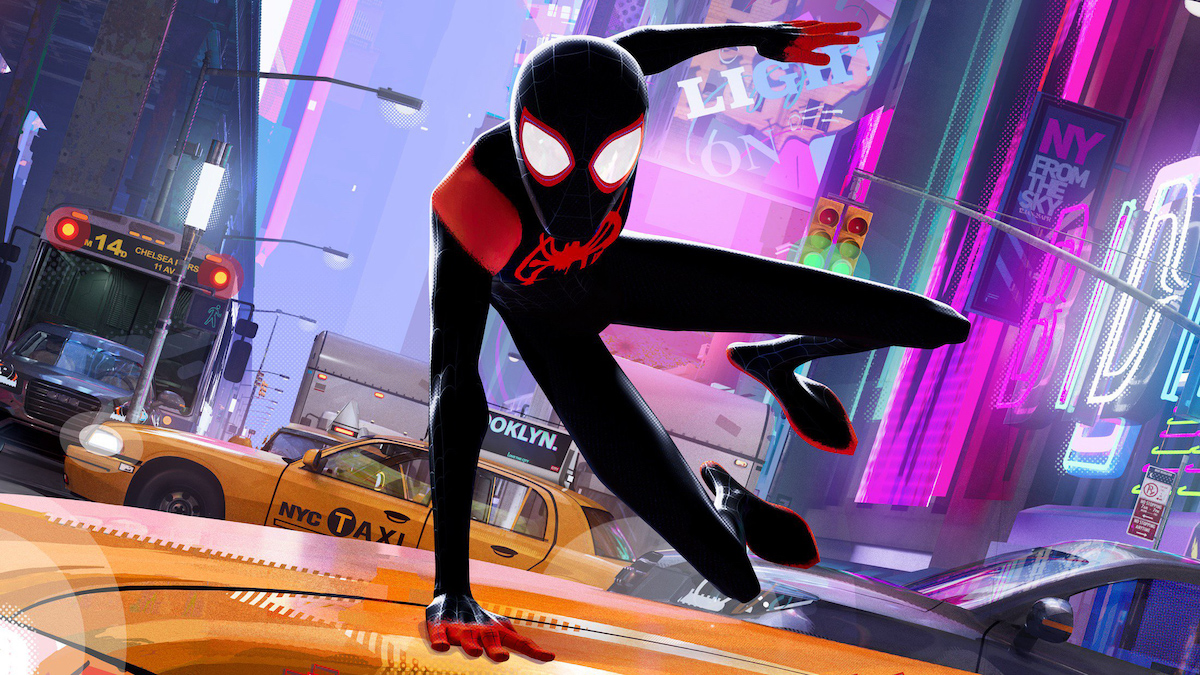 A 3D animated Spider-Man leaping over the hood of a yellow taxi cab on a neon-lighted New York street