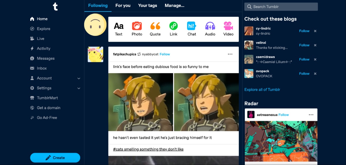 A screengrab of Madeline's tumblr dashboard, showcasing its new (bad) UI.