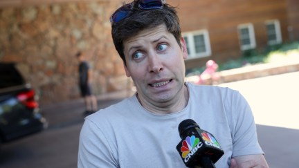 Sam Altman, CEO of OpenAI, speaks to the media as he arrives at the Sun Valley Lodge for the Allen & Company Sun Valley Conference on July 11, 2023 in Sun Valley, Idaho. Every July, some of the world's most wealthy and powerful businesspeople from the media, finance, technology and political spheres converge at the Sun Valley Resort for the exclusive weeklong conference. (Photo by Kevin Dietsch/Getty Images)