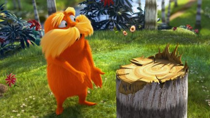 The Lorax gesturing angrily at a tree stump