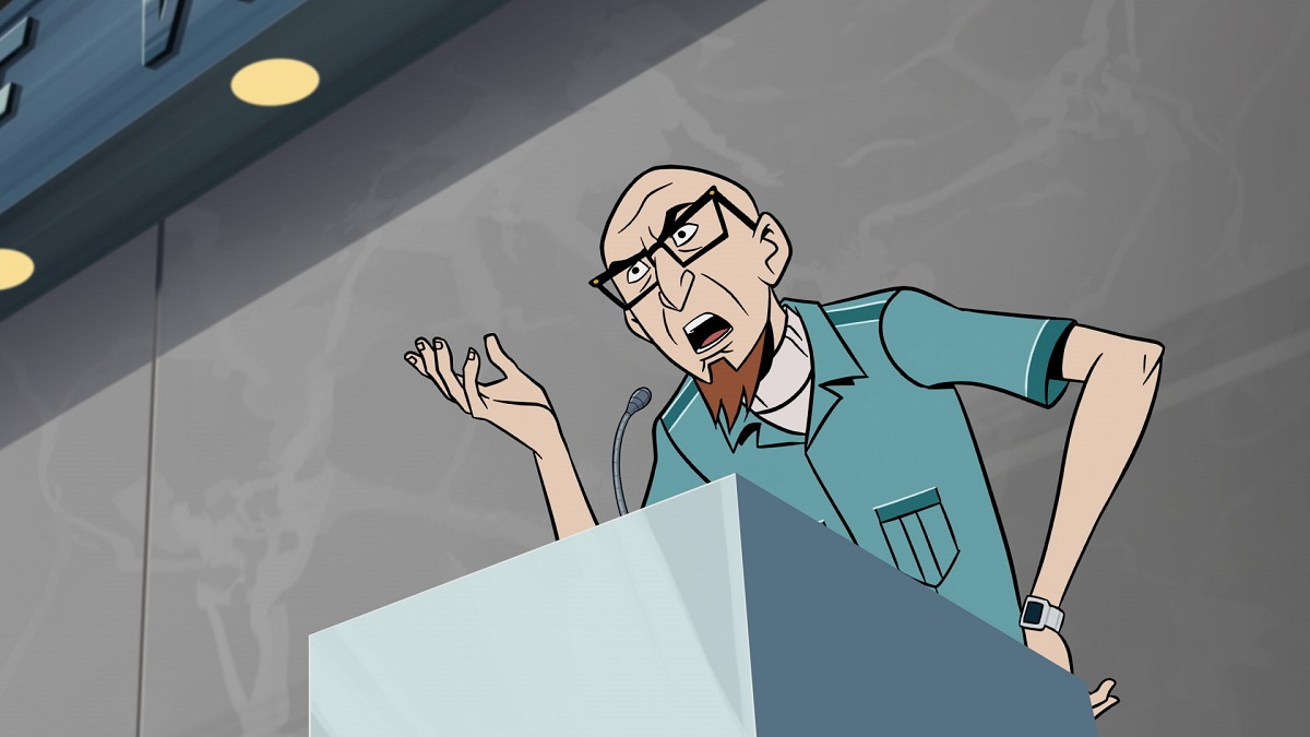 Image from Adult Swim's 'The Venture Bros.: Radiant is the Blood of a Baboon Heart.' Dr. Venture, standing at a podium, gets ready for a press conference.