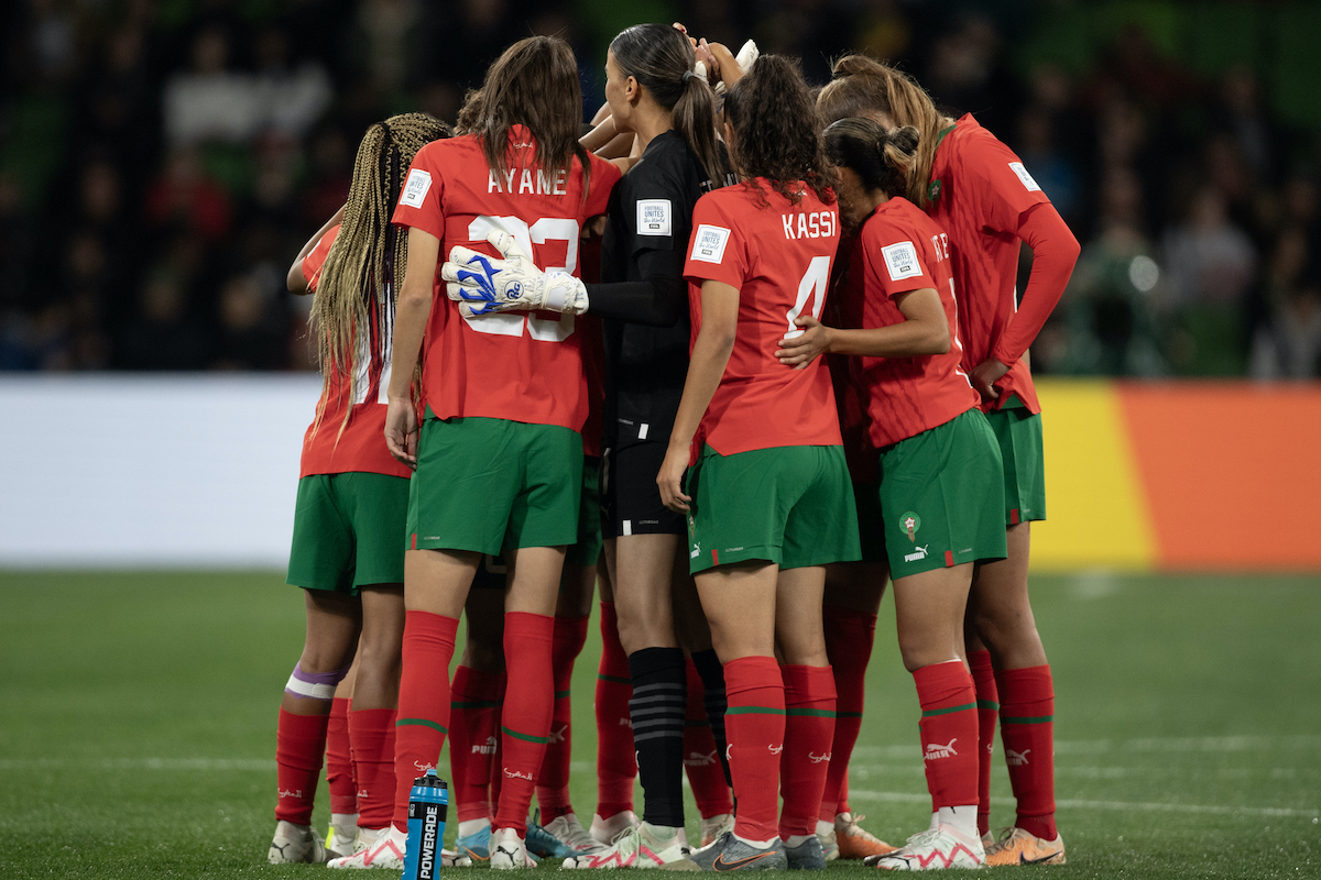 The Morocco team huddle ahead of the FIFA Women's World Cup