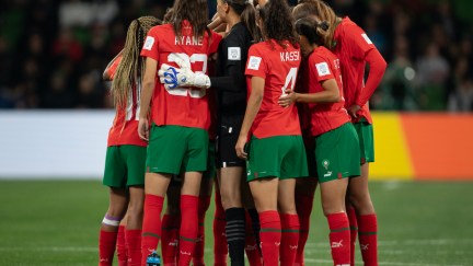 The Morocco team huddle ahead of the FIFA Women's World Cup