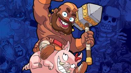 Cover of The Books of Clash vol 1, with a hog rider pumping his fist and holding a stone hammer.