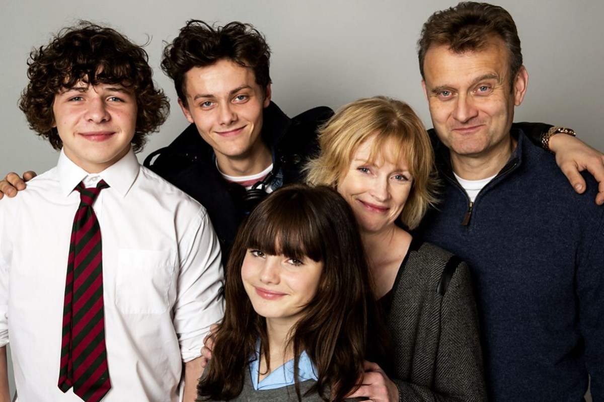 Still from Outnumbered; Daniel Roche, Tyger Drew-Honey, Ramona Marquez, Claire Skinner, and Hugh Dennis.