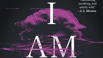 A cropped version of the I Am Code AI poetry book cover, featuring a computer glitch distorted portrait of a man's face in the background.