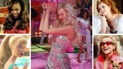 Movies like 'Barbie,' featuring Margot Robbie as Barbie in the center, surrounded by (clockwise from top left): 'Life-Size,' 'Enchanted,' 'Legally Blonde,' and 'Toy Story 3'