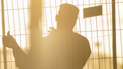 The silhouette of a border agent at a wire fence.