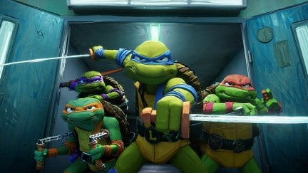 L-r, DONNIE, MIKEY, LEO and RAPH in PARAMOUNT PICTURES and NICKELODEON MOVIES Present A POINT GREY Production “TEENAGE MUTANT NINJA TURTLES: MUTANT MAYHEM”