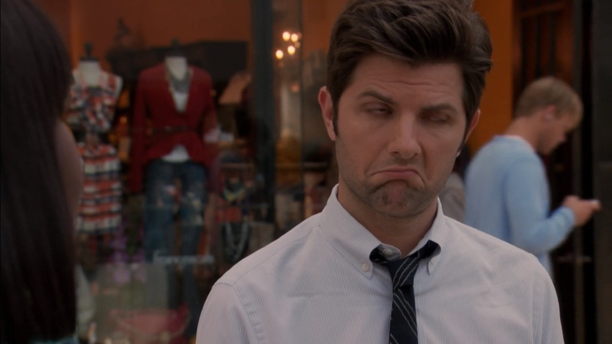 Ben Wyatt (Adam Scott) with an expression of confusion, disgust, and resignation in 'Parks and Recreation'