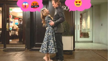 Carrie and Aiden embrace in a scene from And Just Like That. Pink word bubbles superimposed with various emojis next to each)