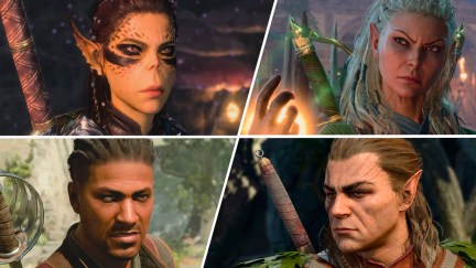 A collage of characters from 'Baldur's Gate 3' (clockwise from top left): Lae'zel, a green-skinned humanoid with pointy ears; Minthara, a white-haired woman with a glowing magic hand; Halsin, a Druid man with long hair and battle armor; and Wyll, a Black man with one light eye and one brown eye, carrying a sword.