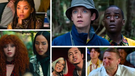 A collage of the best series on Netflix, featuring (clockwise from top left): 'Dear White People,' 'Sex Education,' 'I Think You Should Leave,' 'Beef,' and 'Russian Doll'