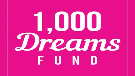 Logo for the 1,000 Dreams Fund: white text on a bright pink background