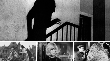 A collage of movie stills (a shadow of a vampire, a hunchback and a woman, a woman staring in the distance, and a man with an oversized plant)