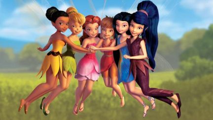 A group of animated fairies in the forest with their wings fluttering from the movies featuring Tinker Bell.