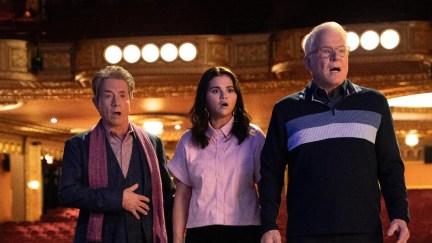 Martin Short as Oliver Putnam, Selena Gomez as Mabel Mora and Steve Martin as Charles-Haden Savage in Only Murders in the Building season 3