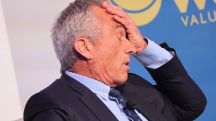 NEW YORK, NEW YORK - JULY 25: Democratic Presidential Candidate Robert F. Kennedy Jr. wipes his forehead as he speaks during the World Values Network's Presidential candidate series at the Glasshouse on July 25, 2023 in New York City. Kennedy Jr., who is running a longshot primary campaign against President Joe Biden, joined Rabbi Shmuley Boteach to discuss fighting antisemitism and the championing of Israel. Kennedy has faced backlash for his stances on vaccines, most recently for comments he made suggesting that the coronavirus (COVID-19) disease could have been “targeted to attack Caucasians and Black people,” while sparing Jewish and Chinese people. He has denied allegations of racism and antisemitism. (Photo by Michael M. Santiago/Getty Images)