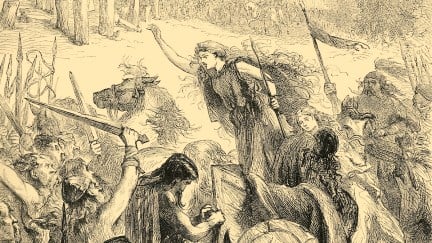 A drawing of a female warrior leading a battle.