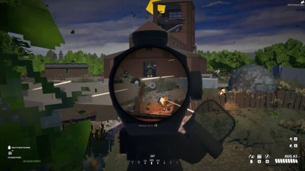 A scene from a first-person shooter video game, seen through a rifle scope.