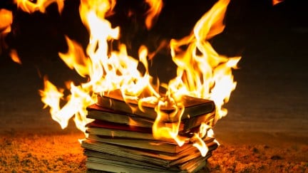 A pile of books, engulfed in flames.