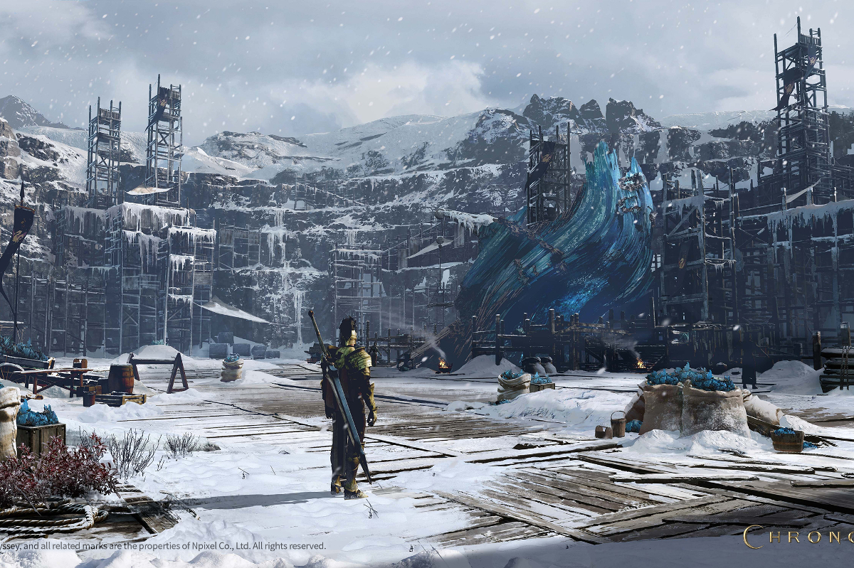 Promotional art from Chrono Odyssey; an armoured person faces away from the viewer, looking at a frozen landscape with scaffolded buildings in front of mountains.