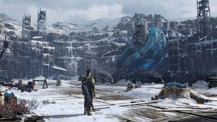 Promotional art from Chrono Odyssey; an armoured person faces away from the viewer, looking at a frozen landscape with scaffolded buildings in front of mountains.