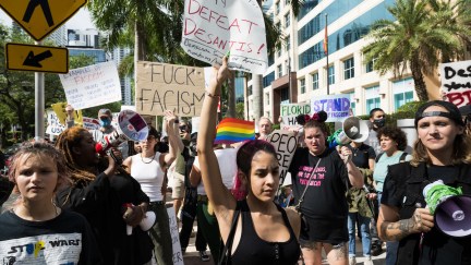 A crowd of protesters hold anti-Ron DeSantis, anti-fascism signs