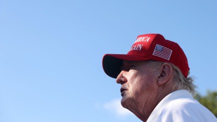 Donald Trump looking into the distance, against a blue sky background, wearing his fascist hat.