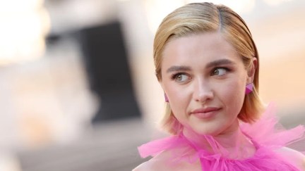 Close-up on Florence Pugh in a pink gown