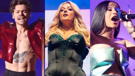 Photos of Harry Styles, Bebe Rexha, and Cardi B side by side, all performing onstage.