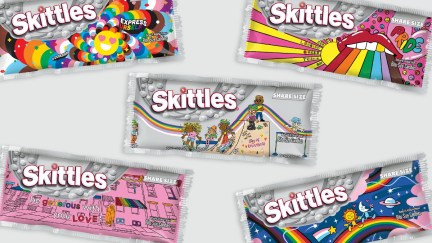 The 2023 Skittles Pride Packaging; five different LGBT+ positive designs featuring rainbows, queer characters, and Black lives matter slogans.