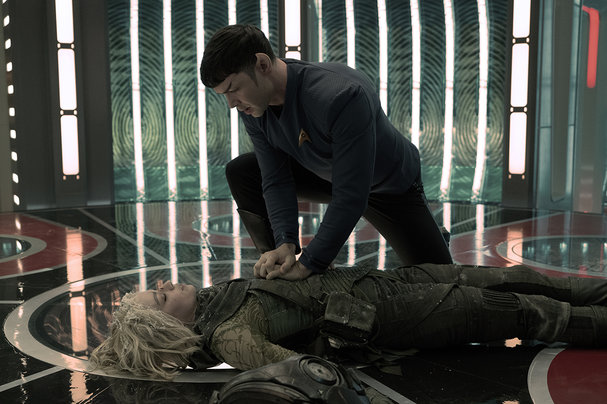 Jess Bush as Chapel and Ethan Peck as Spock appearing in episode 201 “The Broken Circle” of Star Trek: Strange New Worlds, streaming on Paramount+, 2023. Photo Cr: Michael Gibson/Paramount+