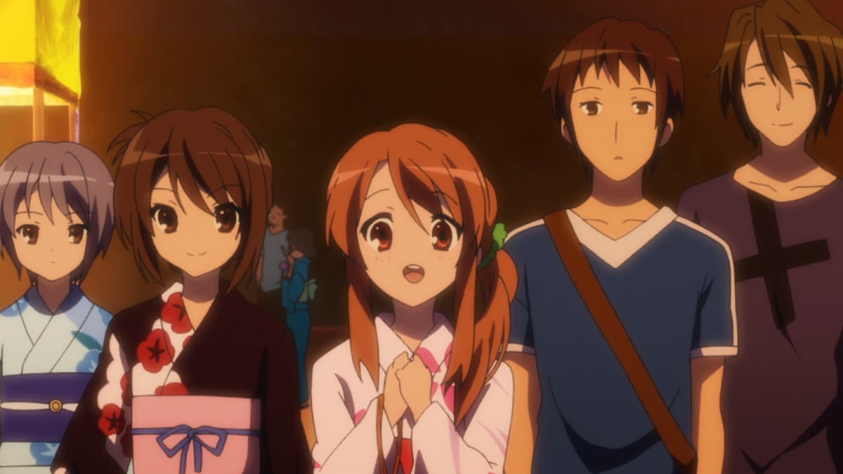 Yuki Nagato, Haruhi Suzumiya, Mikuru Asahina, Kyon, and Itsuki Suzuhara in "Endless Eight IV" from The Melancholy of Haruhi Suzumiya