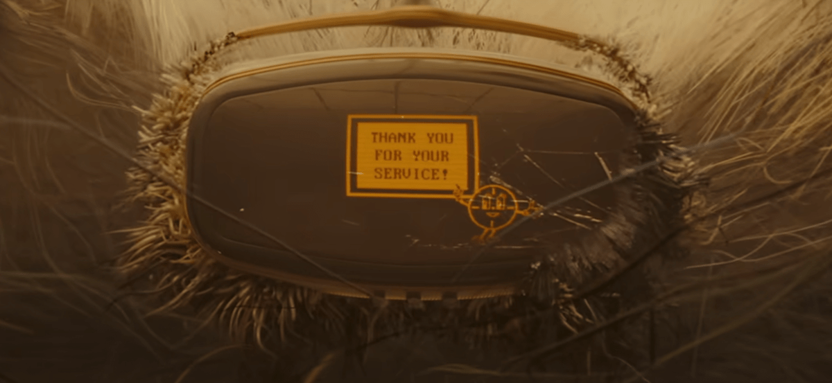 A TVA monitor says "Thank you for your service," with a cartoon of Miss Minutes next to it. The edges are getting torn into something resembling noodles.