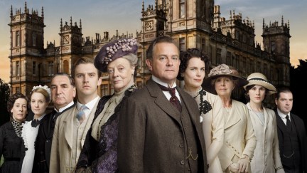 Downton Abbey poster featuring from left to right Joanne Froggatt as Anna Bates, Jim Carter as Charles Carson, Dan Stevens as Matthew Crawley, Maggie Smith as Violet Crawley, Hugh Bonneville as Robert Crawley, Elizabeth McGovern as Cora Crawley, Penelope Wilton as Isobel Crawley, Michelle Dockery as Lady Mary Crawley, and Brendan Coyle as John Bates