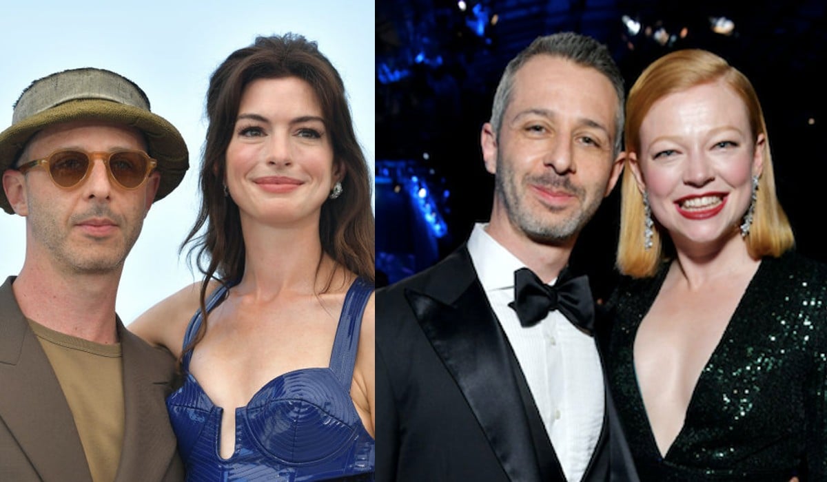 Jeremy Strong poses with Anne Hathaway and Jeremy Strong poses with Sarah Snook