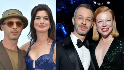 Jeremy Strong poses with Anne Hathaway and Jeremy Strong poses with Sarah Snook