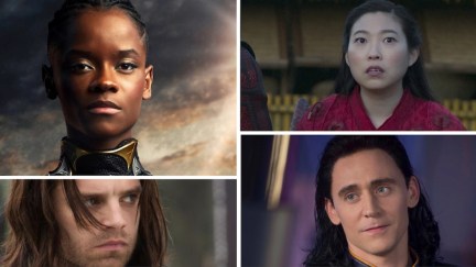 A collage of Marvel characters (clockwise from top left): Shuri from 'Black Panther,' Katy from 'Shang-Chi,' Loki, and Bucky Barnes