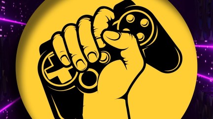 SAG-AFTRA graphic representing their Interactive Media (Video Game) contract. It is a yellow circle over a purple and black rectangular background. In the yellow circle is an illustration of a fist clutching a game controller.