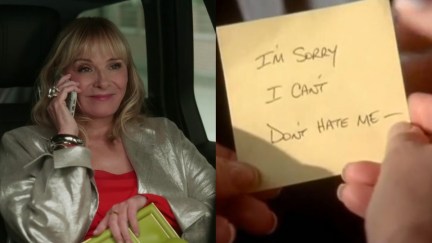 Samantha Jones talking on her cell phone and smiling, next to Carrie's breakup post-it.