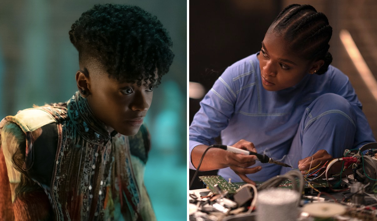 Shuri (Letitia Wright) opposite an image of Riri Williams (Dominique Thorne) in 'Black Panther: Wakanda Forever'