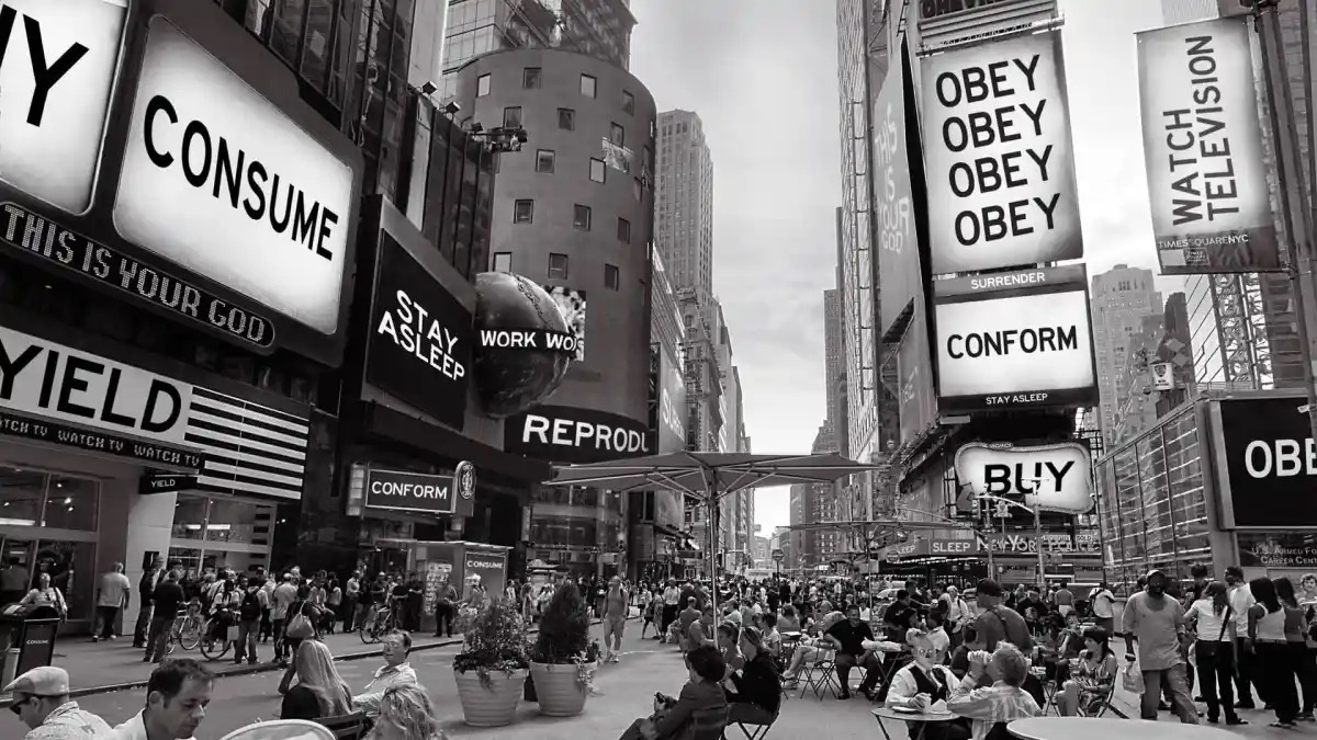 A consumernist nightmare landscape featuring signs with subliminal messaging in "They Live" 