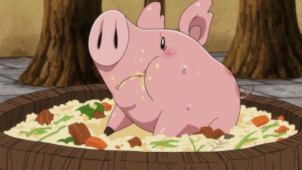 Hawk sheepishly sitting in a plate of food in Seven Deadly Sins