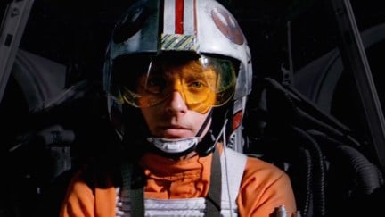 Luke Skywalker sitting the cockpit of his X-wing during the Battle of Yavin in 