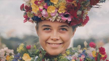 Dani smiling in a crown of flowers in 'Midsommar'.