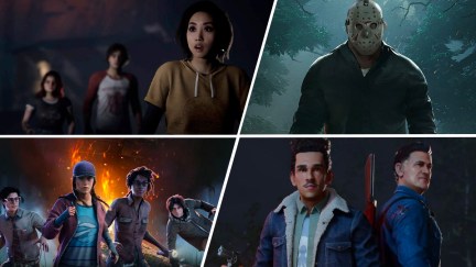 A collage featuring some of the best horror video games to play with friends (clockwise from top left): 'The Quarry,' 'Friday the 13th: The Game,' 'Evil Dead: The Game,' and 'Dead by Daylight'