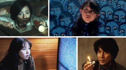 A collage featuring some of the best Japanese horror movies (clockwise from top left): 'Ju-On: The Grudge,' 'House,' 'Cure,' and 'Ringu'