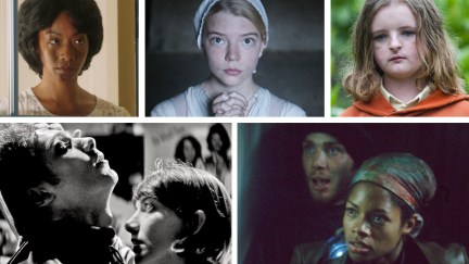 A collage featuring some of the best modern horror movies (clockwise from top left): 'Get Out,' 'The Witch,' 'Hereditary,' '28 Days Later,' and 'A Girl Walks Home Alone at Night'